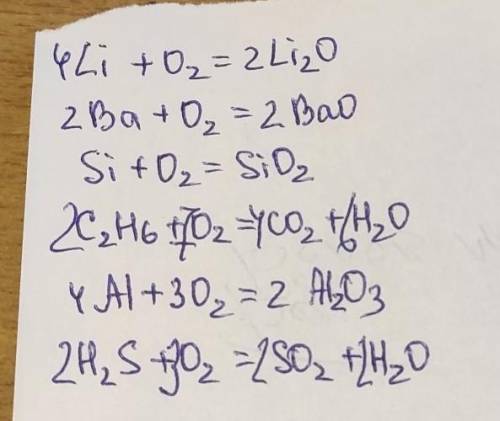 Допишіть рівняння реакцій та урівняте за до коефіцієнтів 1)Li+O2>2)Ba+O2--->3)Si(IV)+O2--->