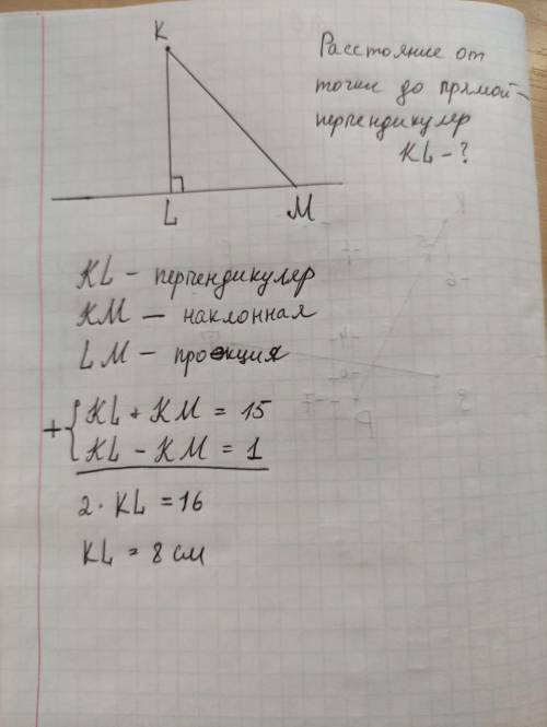 , От точки K к прямой проведены перпендикуляр KL и KM. Сумма длин перпендикуляра и наклонной равна 1