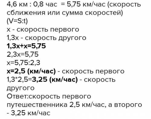 Зробити задачу столбиком.Два мандрівники перебувають на відстані 4,6 км один від одного.Вони йдуть н