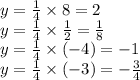 y = \frac{1}{4} \times 8 = 2 \\ y = \frac{1}{4} \times \frac{1}{2} = \frac{1}{8} \\ y = \frac{1}{4} \times ( - 4) = - 1 \\ y = \frac{1}{4} \times ( - 3) = - \frac{3}{4}
