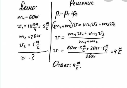 Арман массой 60 кг бежит со скоростью 18 км/ч догнав тележку массой 20 кг, движущуюся со скоростью 2