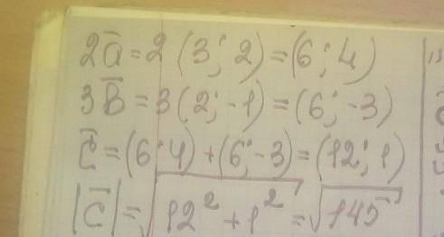 Дано вектор а(3;2) і в(2;-1) Знайти координати і абсолютну величину вектора с=2а+3в