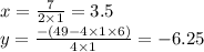 x = \frac{7}{2 \times 1} = 3.5 \\ y = \frac{ - (49 - 4 \times 1 \times 6)}{4 \times 1} = - 6.25