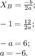 X_{B}=\frac{-b}{2a} ;\\\\-1=\frac{12}{2a} ;\\\\-a=6;\\a=-6.