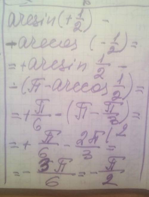 Обчисліть arcsin (1/2) -arccos (-1/2)