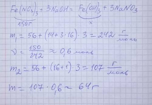 Рассчитайте массу Fe(OH)3 полученного при взаимодействии 150г нитрата железа(3) с NaOH​