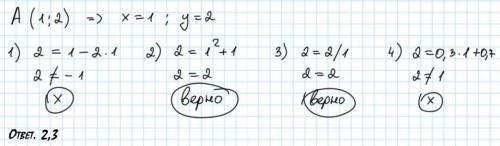 Графикам каким из данных функций принадлежит точка A (1;2) 1) y= 1-2x 2) y= x^2+1 3)y=2/x 4)y=0,3x+0