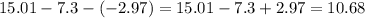 15.01 - 7.3 - ( - 2.97) = 15.01 - 7.3 + 2.97 = 10.68