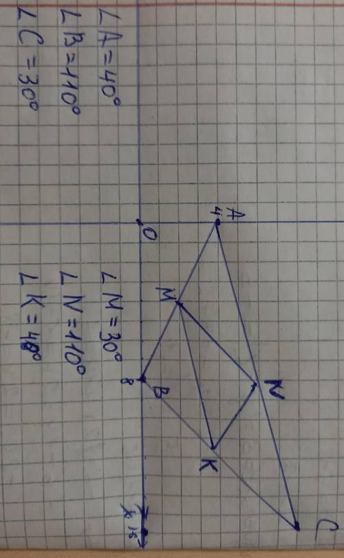 Построй треугольник ABC по координатам вершин А (0; 4), В (8; 0) и С (16; 8) и измерь его углы с тра