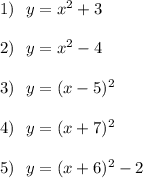 1)\ \ y=x^2+3\\\\2)\ \ y=x^2-4\\\\3)\ \ y=(x-5)^2\\\\4)\ \ y=(x+7)^2\\\\5)\ \ y=(x+6)^2-2