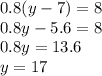 0.8(y-7)=8\\0.8y - 5.6 =8\\0.8y= 13.6\\y = 17