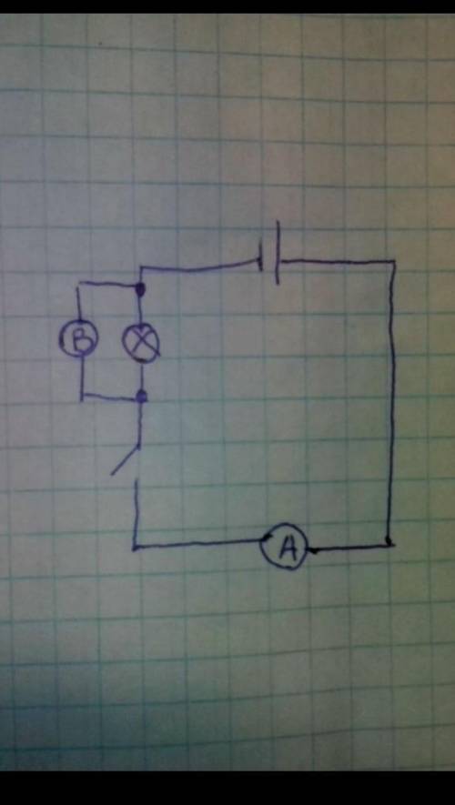 Нарисуйте схему электрической цепи, состоящей из: источника тока, ключа, лампочки, амперметра, вольт