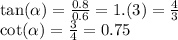 \tan( \alpha ) = \frac{0.8}{0.6} = 1.(3) = \frac{4}{3} \\ \cot( \alpha ) = \frac{3}{4} = 0.75