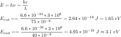 E = h\nu = \dfrac{hc}{\lambda} \\\\E_{red} = = \dfrac{6.6*10^{-34}*3*10^8}{75*10^{-8}} = 2.64*10^{-19}~J = 1.65~eV\\\\E_{viol} = = \dfrac{6.6*10^{-34}*3*10^8}{40*10^{-8}} = 4.95*10^{-19}~J \approx 3.1~eV