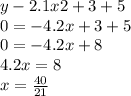 y - 2.1x2 + 3 + 5 \\ 0 = - 4.2x + 3 + 5 \\ 0 = - 4.2x + 8 \\ 4.2x = 8 \\ x = \frac{40}{21}