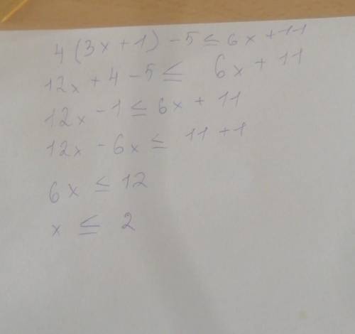 Решите неравенство: 4(3х + 1) -5 ≤ 6х +11