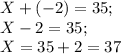 X+(-2)=35;\\X-2=35;\\X=35+2=37