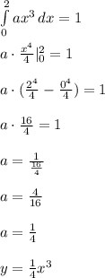 \int\limits^2_0 {ax^3} \, dx = 1 \\ \\ a\cdot \frac{x^4}{4}|^2_0 =1 \\ \\ a\cdot (\frac{2^4}{4}-\frac{0^4}{4})=1 \\ \\ a\cdot \frac{16}{4}=1 \\ \\ a=\frac{1}{\frac{16}{4}} \\ \\ a=\frac{4}{16} \\ \\ a=\frac{1}{4} \\ \\ y=\frac{1}{4}x^3