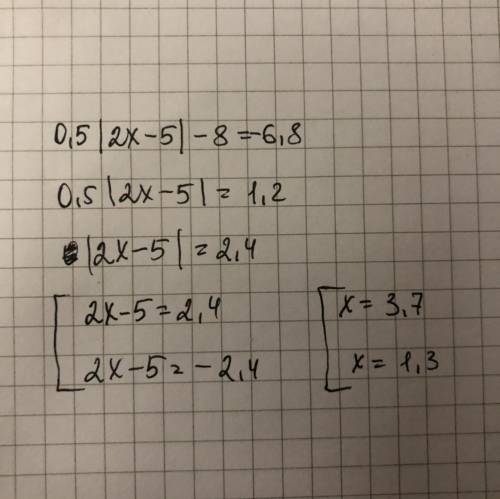 Решите уравнение: 0,5|2X-5|-8=-6,8​