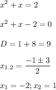 \displaystyle x^2+x=2\\\\x^2+x-2=0\\\\D=1+8=9\\\\x_{1.2}=\frac{-1 \pm3}{2}\\\\\ x_1=-2; x_2=1