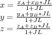 x=\frac{x_A+x_B*JL}{1+JL} \\y=\frac{y_A+y_B*JL}{1+JL}\\z=\frac{z_A+z_B*JL}{1+JL}\\