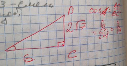 В треугольнике abc угол с равен 90 ac 6 bc 2 корень из 7 найти cos a