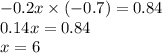 - 0.2x \times ( - 0.7) = 0.84 \\ 0.14x = 0.84 \\ x = 6