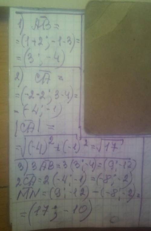 Дано точки A(-2;3),B(1;-1),C(2;4) Знайты1)Координаты вектора AB2)модуль вектора CA3)Координаты векто