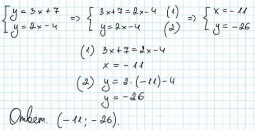 Найди координатную точку пресечение y=3x+7 и y= 2x-4