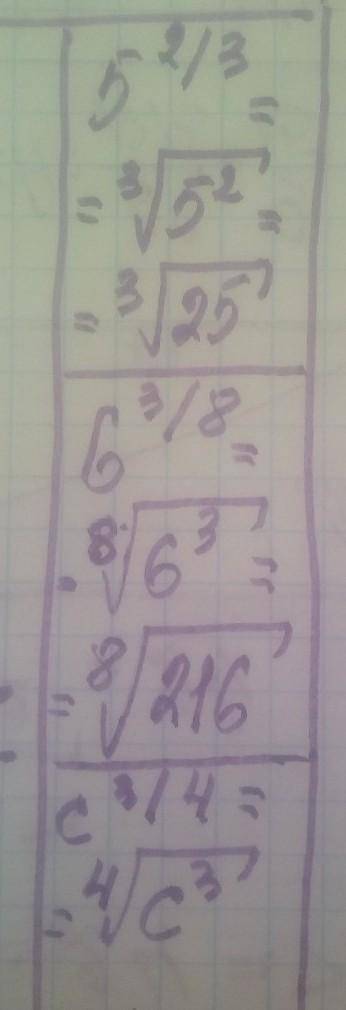 Представить степень с дробным показателем в виде корня: а) 5^2/3 ; б) 6^3/8 ; в) с^3/4; г) 4^0,8