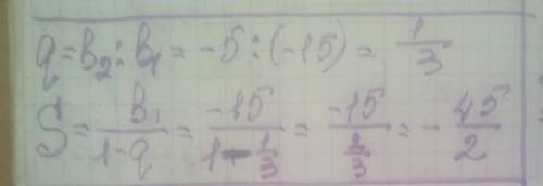 Знайти суму нескінченної геометричної прогресії:- 15; - 5; -5(дроб)3