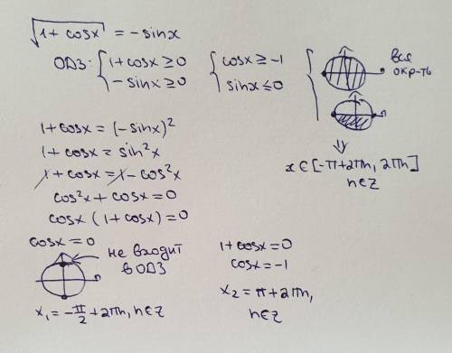 Найдите все корни уравнения √1+cosx= -sinx на промежутке [ - ]