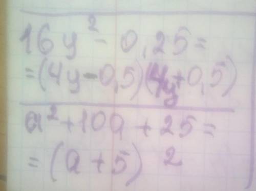 разложить на множители а) 16y²-0.25 б) а²+10аb+25b²
