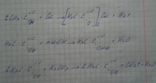 1)CH3COOH+Cа-->2)CH3COOH+NaOH3)CH3COOH+K2CO34)CH3COOH+лакмус​