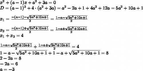 При яких значеннях параметра а добуток коренів рівняння х2+(а-5)х+а2+3а=0 дорівнює 4? p.s очень ​