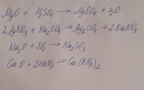Доповніть рівняння реакцій a)_MgO+___=_MgSO4+_H2O б)_Na2SO4+_AgNO3==+ в)_Na2O+___=___Na2SO3 г)_CaO+