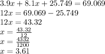 3.9x + 8.1x + 25.749 = 69.069 \\ 12x = 69.069 - 25.749 \\ 12x = 43.32 \\ x = \frac{43.32}{12} \\ x = \frac{4332}{1200 } \\ x = 3.61