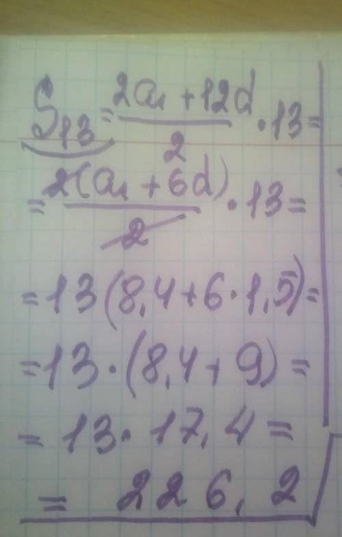 Дана арифметична прогресія (a n) відомо що а1 = 8,4 і d = 1,5 Обчисли суму перших тринадцяти членів