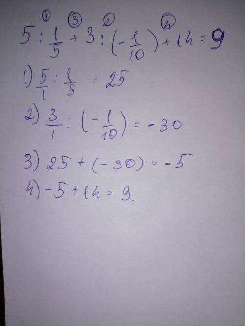 Обчислити 5÷1/5+3÷(-0.1)+14=? ​