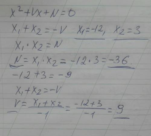 Корнями квадратного уравнения x2+Vx+N=0 являются −12 и 3. Чему равны коэффициенты V и N? V= N=