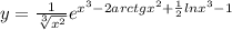 y=\frac{1}{\sqrt[3]{x^2} } e^{x^3-2arctgx^2+\frac{1}{2}ln x^3-1}