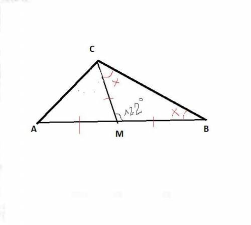 В прямокутному трикутнику проведено медіану з вершини прямого кута.Знайти кути прямокутного трикутни