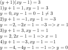 (y+1)(xy-1)=3\\1) y+1=1, xy-1=3\\y=0, xy-1=0-1\neq 3\\2) y+1=-1, xy-1=-3\\y=-2, -2x-1=-3=x=1\\3) y+1=3, xy-1=1\\y=2, 2x-1=1=x=1\\4) y+1=-3, xy-1=-1\\y=-4, -4y-1=-1=y=0