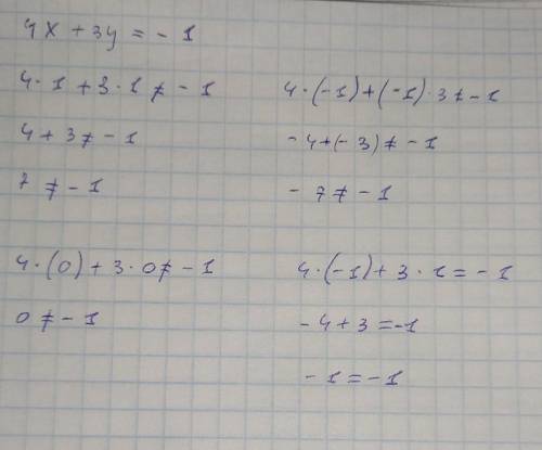 Дано уравнение 4х+3y=-1. Выберите пару чисел, которая является решением этого уравнения. (1;1) (-1;
