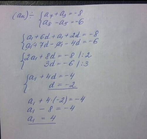 Найдите первый член и разность арифметической прогрессии (an), если: a3+a5=-2 и a7+a10=4