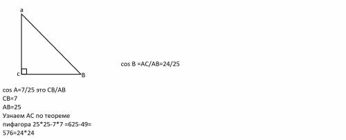 В треугольнике угол равен 90°, cos A = 7/25 Найдите cosB| 20Б