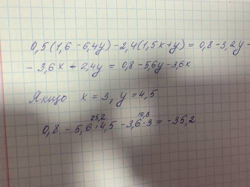 Спростіть вираз та обчисліть його значення: 0,5(1.6-6,4y)-2,4(1,5x+y) якщо х= 3 у=4,5​