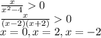 \frac{x}{x^{2}-4 } 0\\\frac{x}{(x-2)(x+2)} 0\\ x=0,x=2,x=-2\\