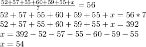 \frac{52+57+55+60+59+55+x}{7} =56\\52+57+55+60+59+55+x=56*7\\52+57+55+60+59+55+x=392\\x=392-52-57-55-60-59-55\\x=54