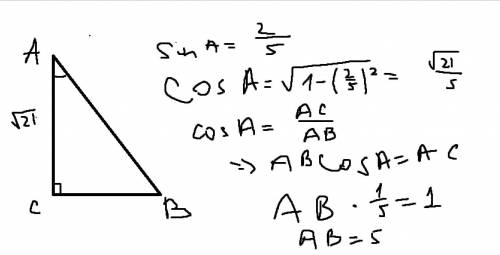 решить,очень ! в треугольнике АВС угол С равен 90°,АС=√21,sin A=2/5 найдите АВ​